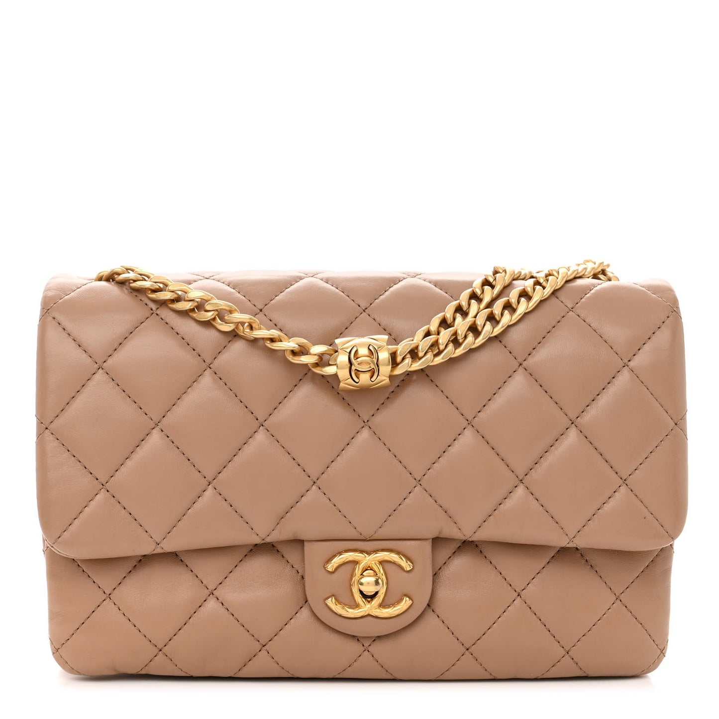 Lambskin Quilted Medium Pillow Crush Flap Beige