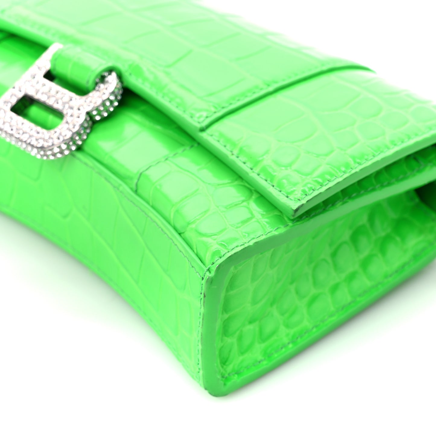 Shiny Calfskin Strass Crocodile Embossed Hourglass Chain Bag Fluo Green
