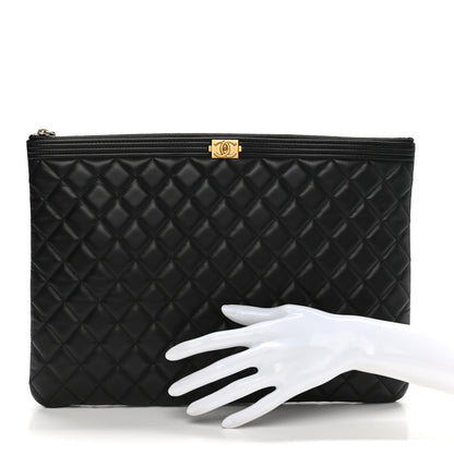 Chanel Lambskin Quilted Large Boy Zip Pouch Black 2 of 8