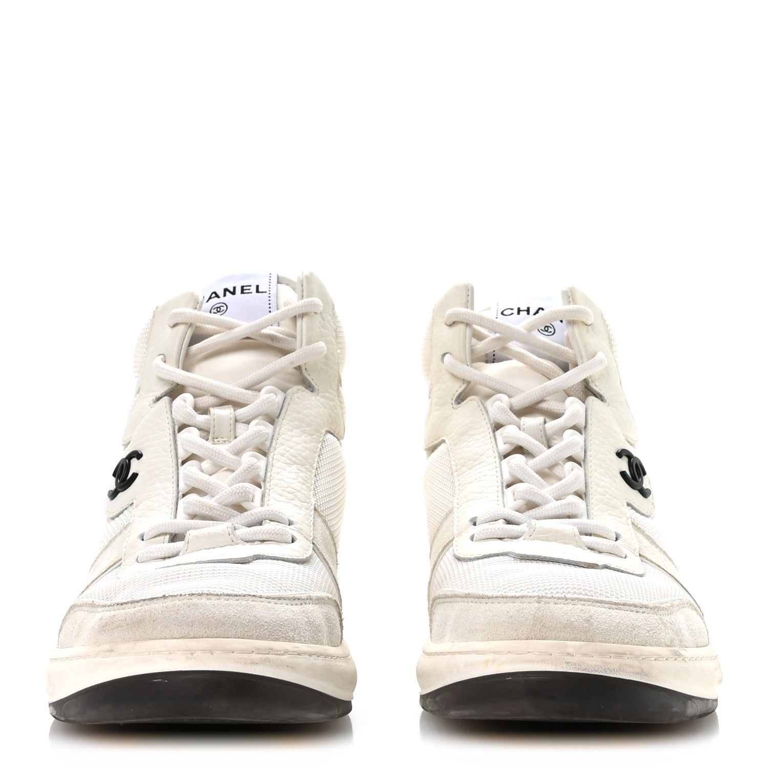Chanel Suede Fabric Grained Calfskin Womens CC High Top Sneakers 38 White 3 of 8