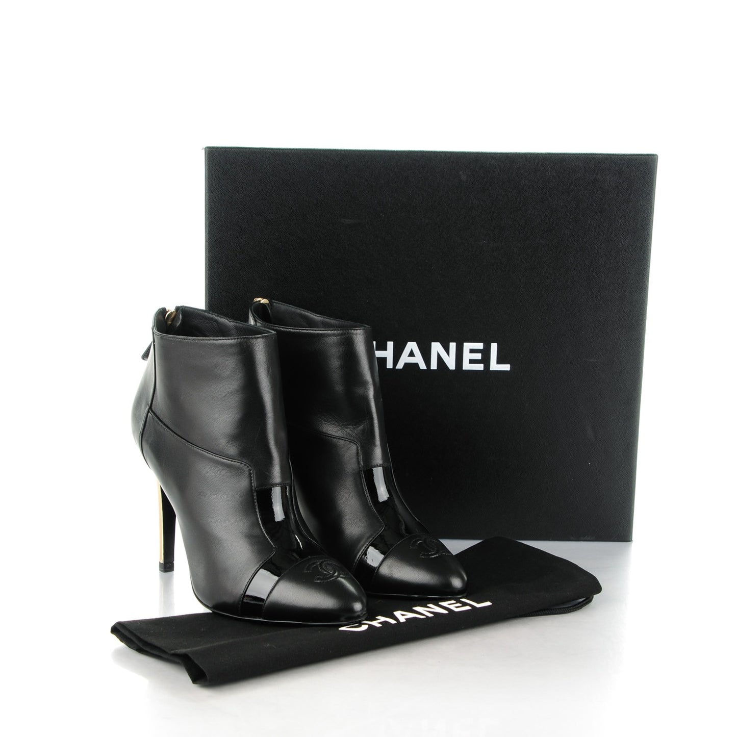 Patent Lambskin CC Cap Toe Ankle Booties 37 Black
