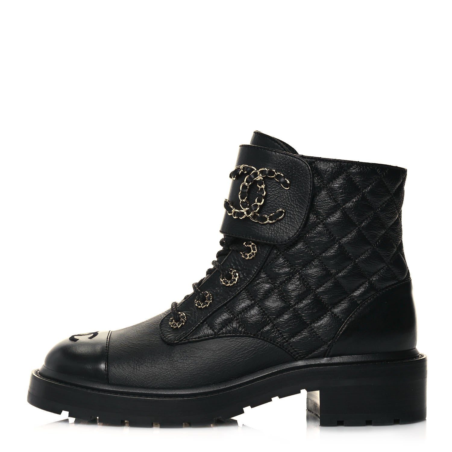 Chanel Shiny Goatskin Calfskin Quilted Lace Up Combat Boots 39.5 Black 1 of 10