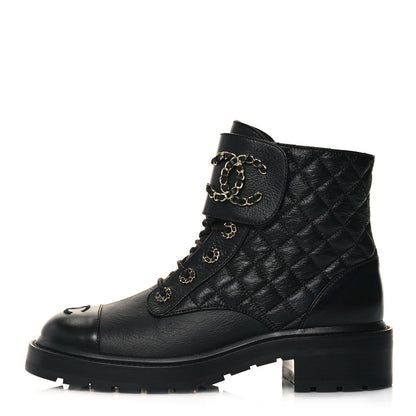 Chanel Shiny Goatskin Calfskin Quilted Lace Up Combat Boots 39.5 Black 1 of 10