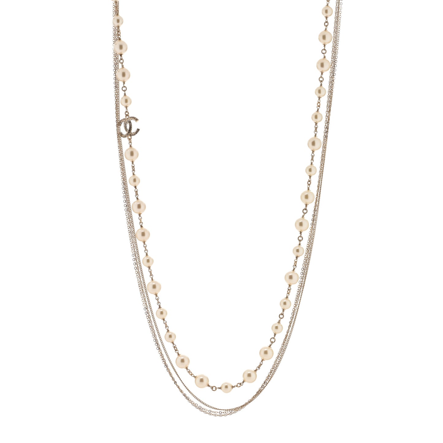 Pearl Crystal Multi Strand CC Long Necklace Gold