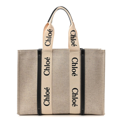 Chloe Cotton Calfskin Large Woody Ribbon Tote White Black 1 of 9