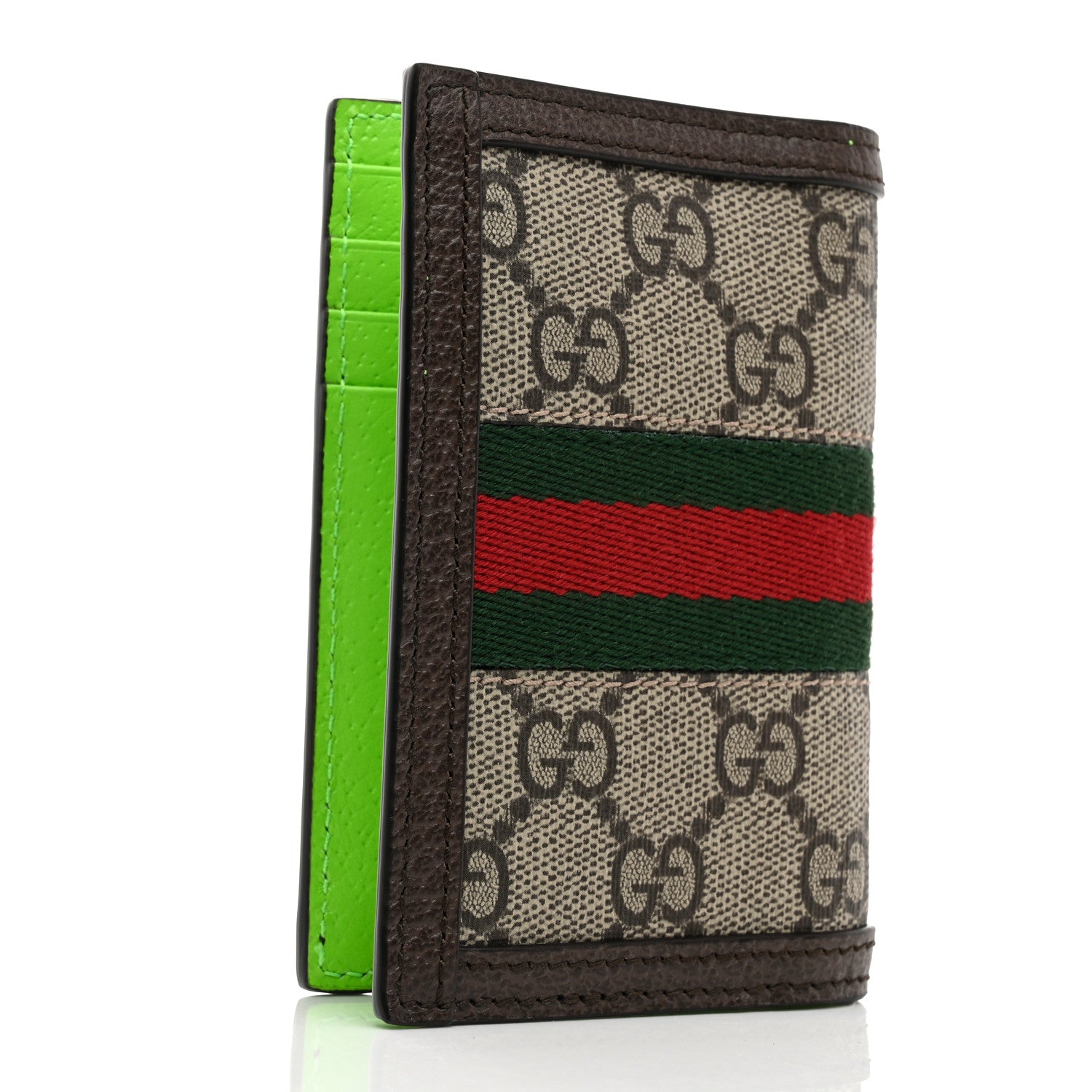 Gucci GG Supreme Monogram Web Ophidia Card Case Beige Ebony Electric Green 3 of 7