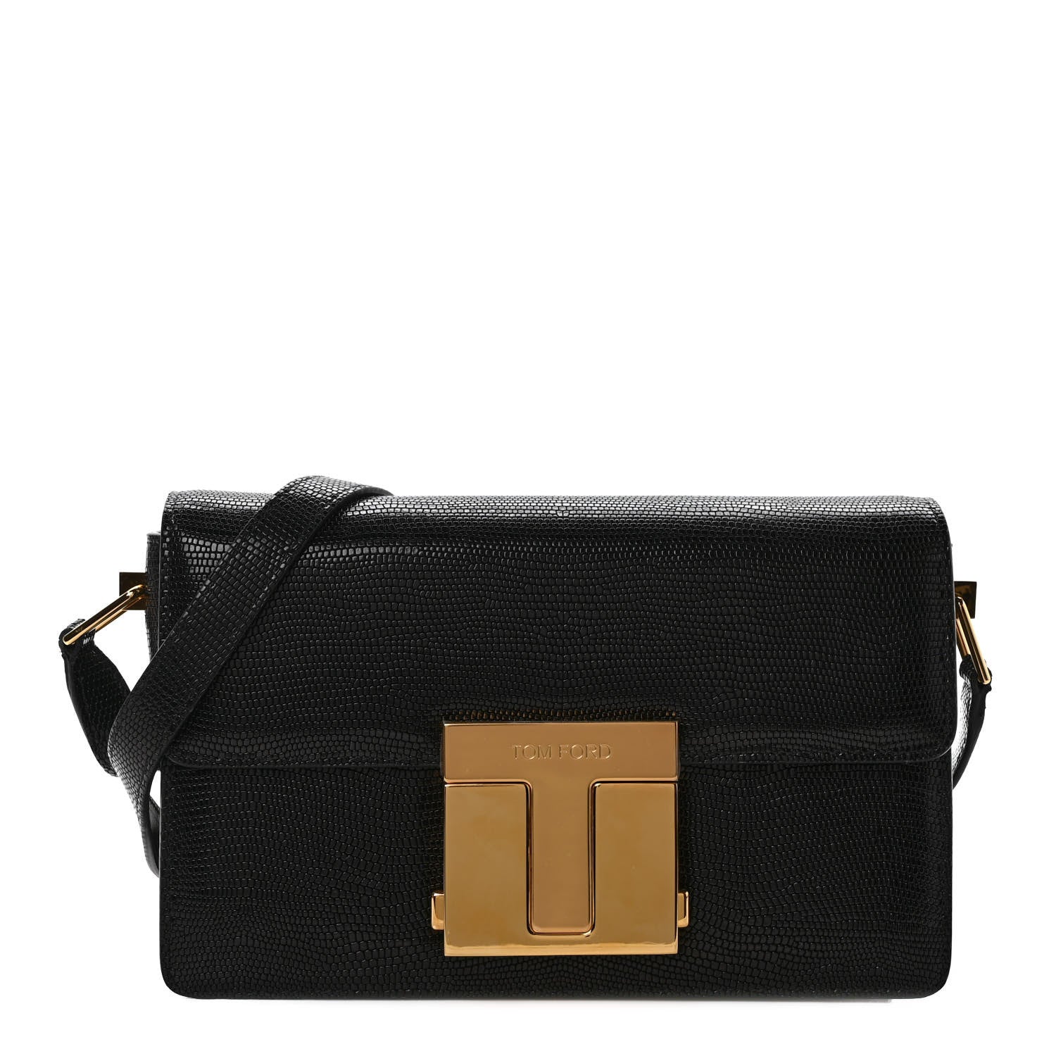 Tom Ford Shiny Calfskin Lizard Embossed T Clasp Shoulder Bag Black 1 of 8