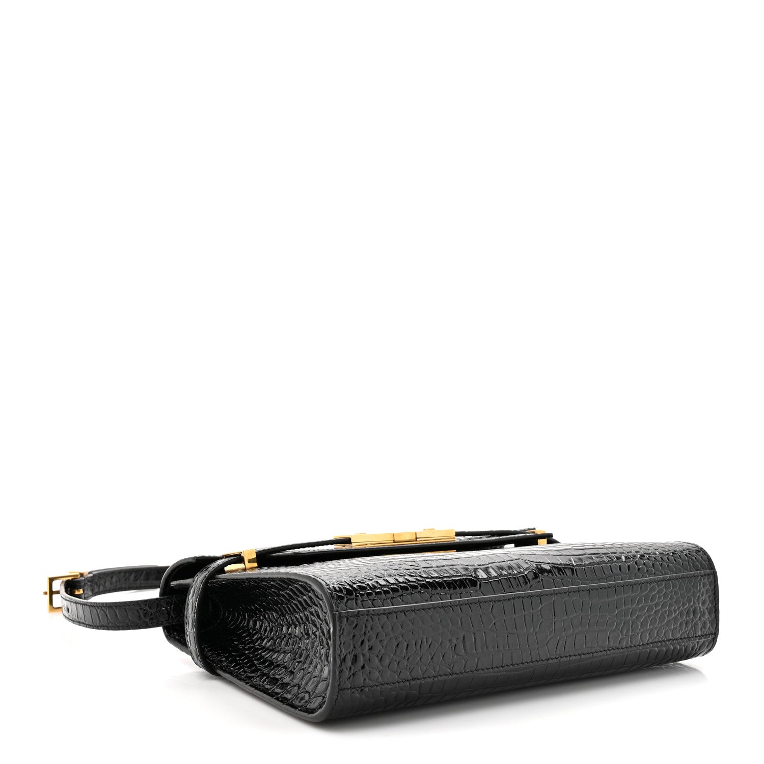 Saint Laurent Shiny Calfskin Crocodile Embossed Small Manhattan Baguette Black 4 of 12