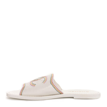 Chanel Calfskin Embroidered CC Sandal Mule 37.5 White 1 of 9
