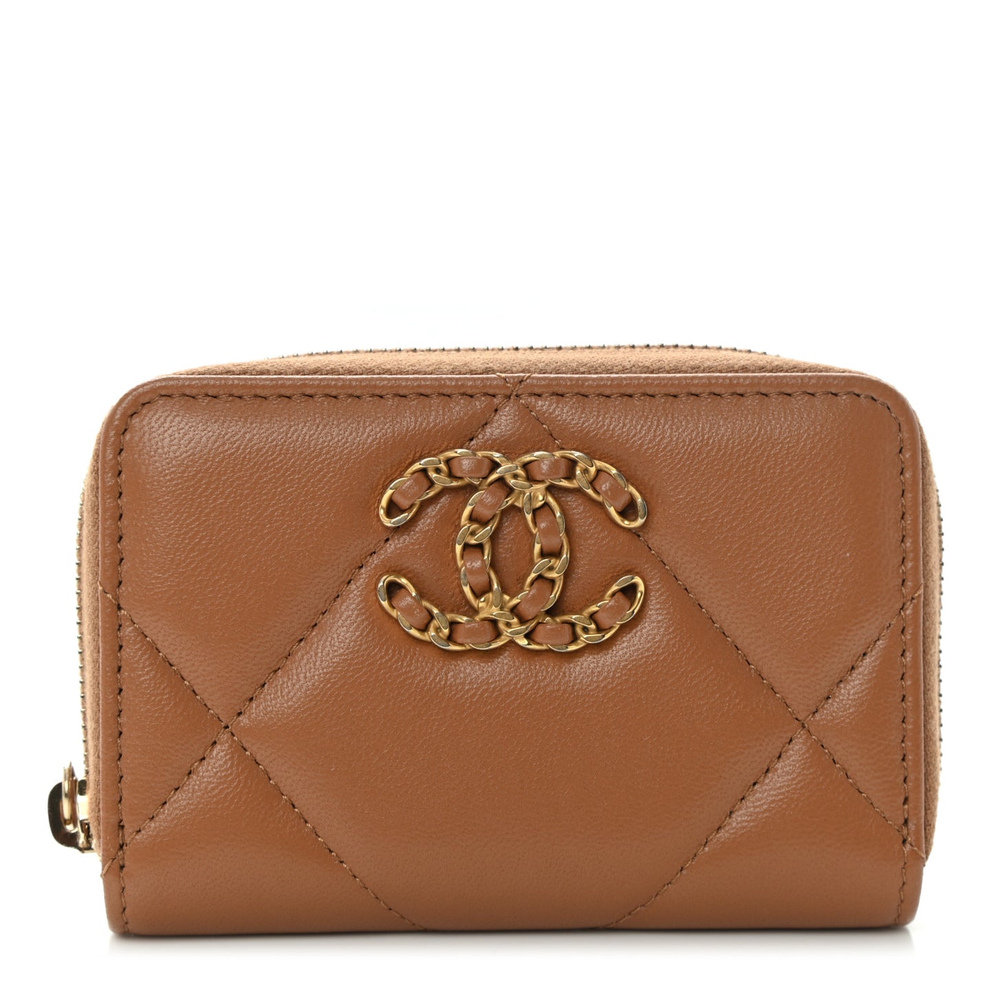 Lambskin Quilted Chanel 19 Zip Around Coin Purse Wallet Brown