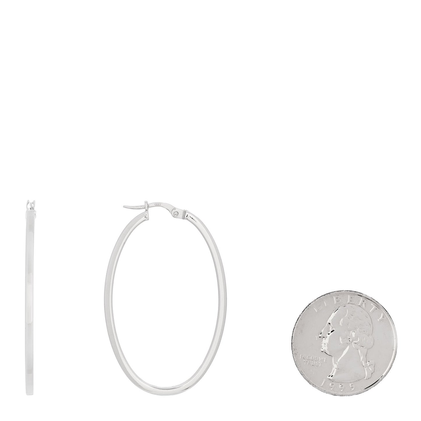 18K White Gold Large Square Edge Oval Perfect Hoop Earrings