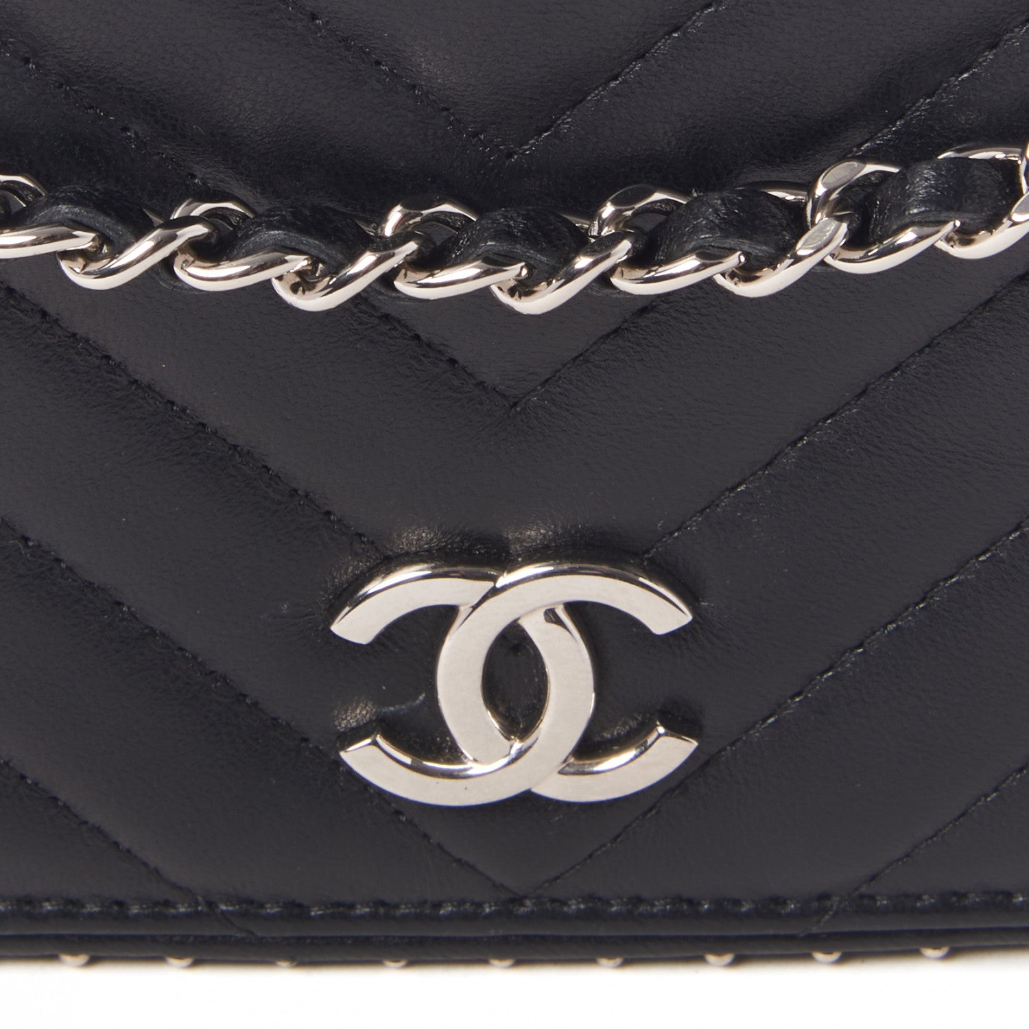 Chanel Lambskin Chevron Quilted Studded Wallet On Chain WOC Black 7 of 9