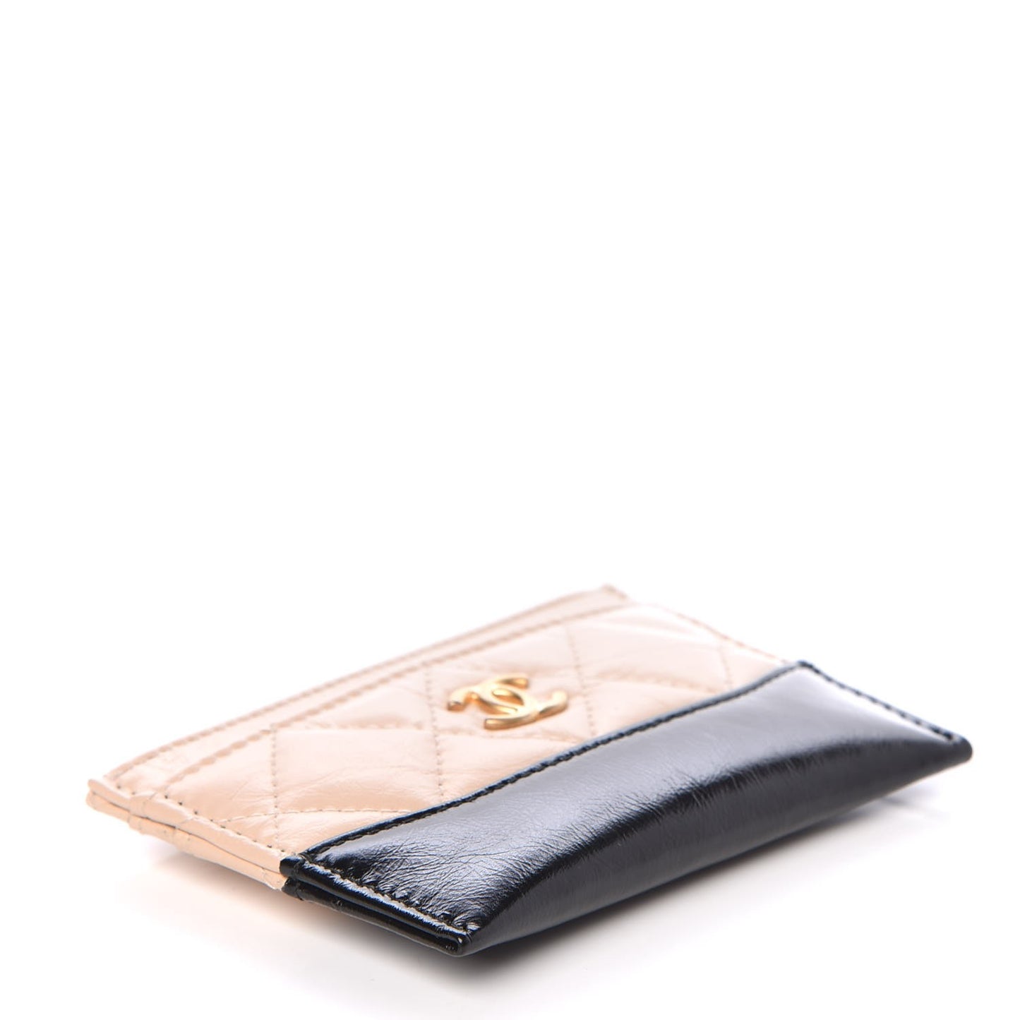 Aged Calfskin Quilted Gabrielle Card Holder Wallet Beige Black