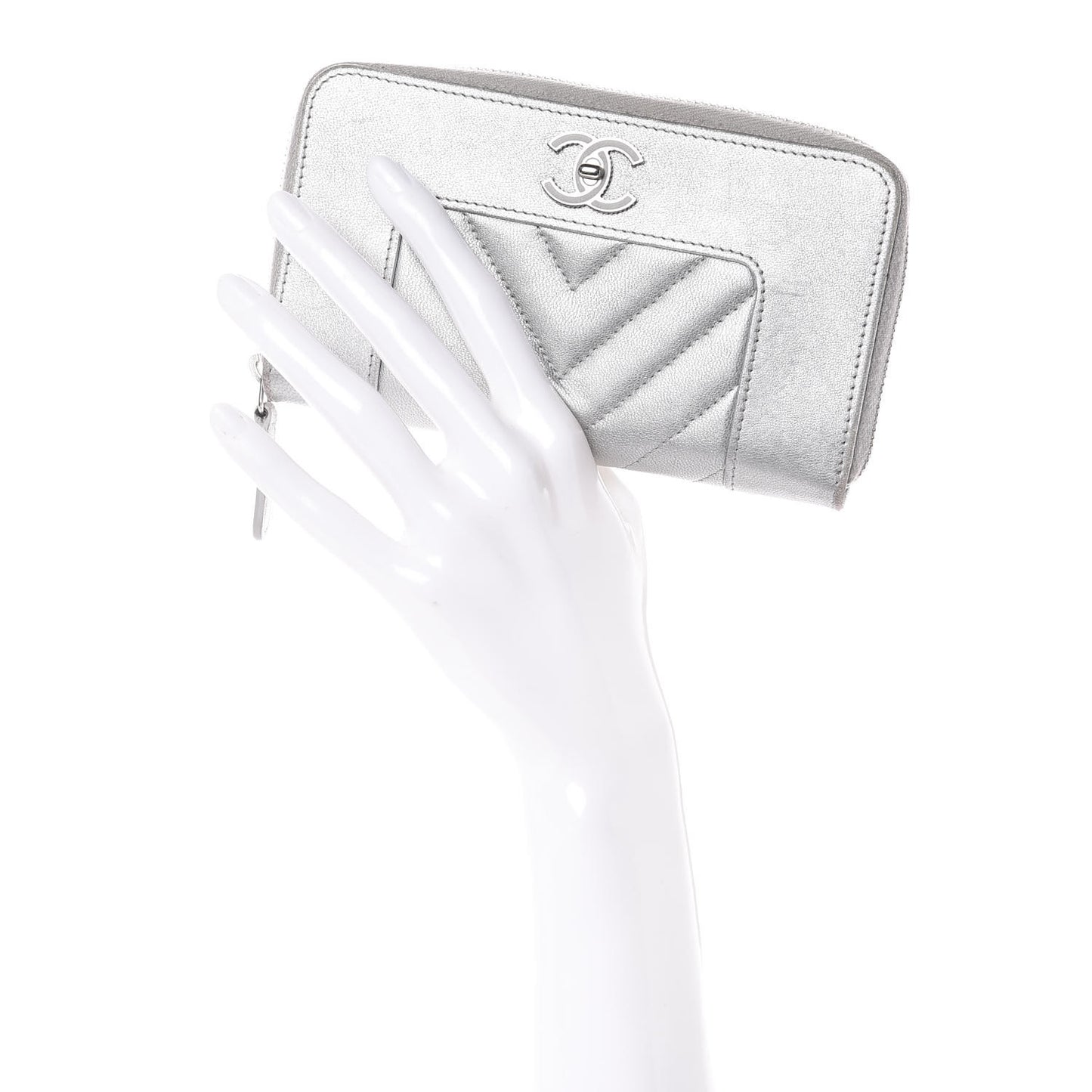 Metallic Sheepskin Chevron Quilted Medium Mademoiselle Vintage Zip Around Wallet Silver