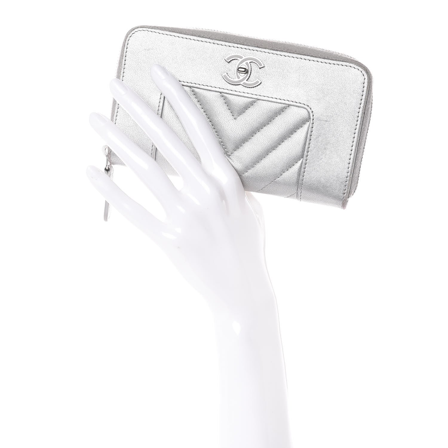 Chanel Metallic Sheepskin Chevron Quilted Medium Mademoiselle Vintage Zip Around Wallet Silver 2 of 14