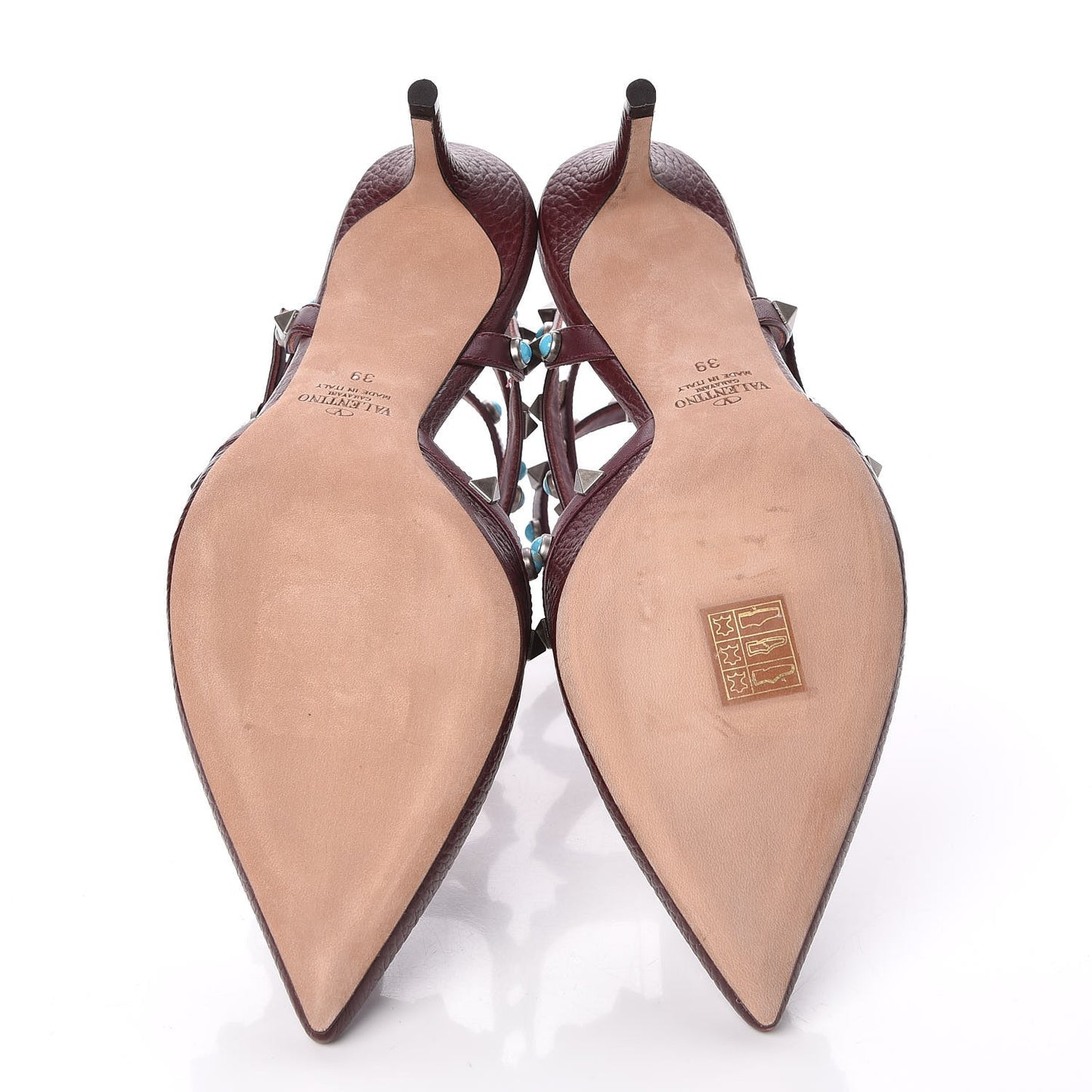 Pebbled Calfskin Turquoise Rockstud Rolling Ankle Strap 65mm Pumps 39 Rubin