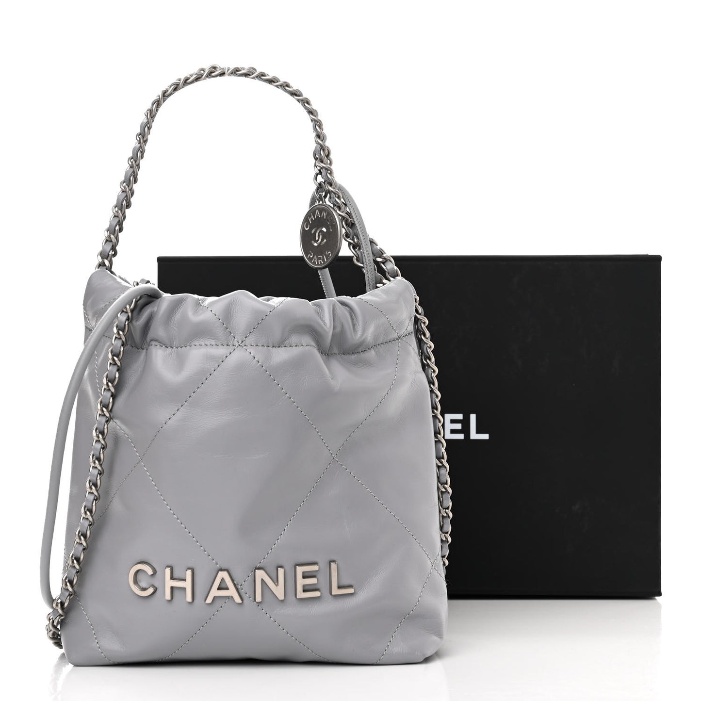 Shiny Calfskin Quilted Mini Chanel 22 Grey