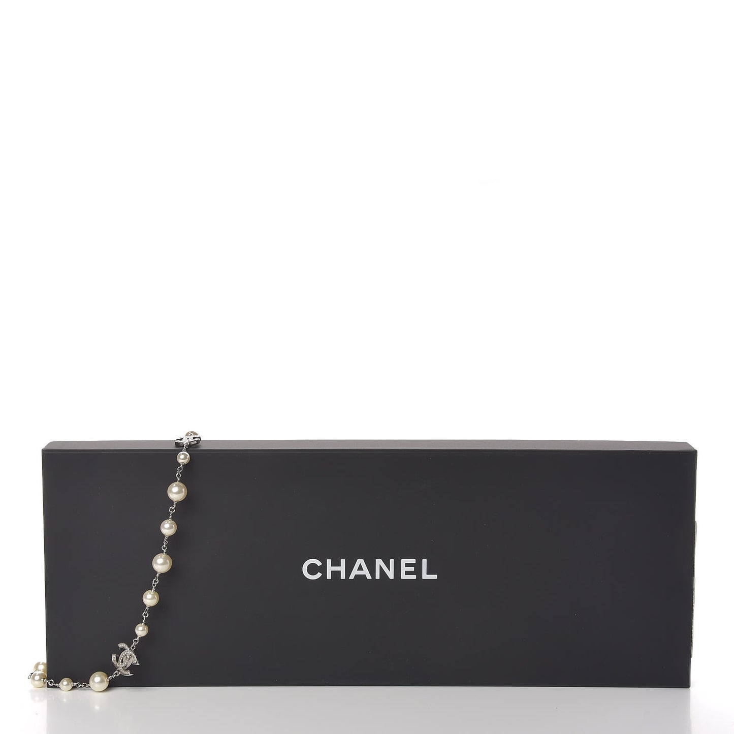 Graduated Pearl Crystal CC Long Necklace Silver