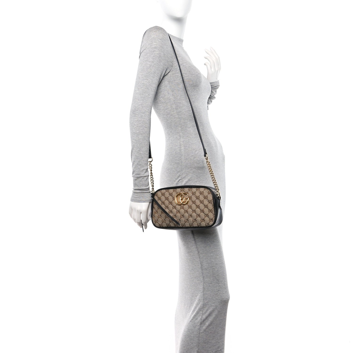 Gucci Monogram Matelasse Diagonal Small GG Marmont Chain Shoulder Bag Beige Black 2 of 13