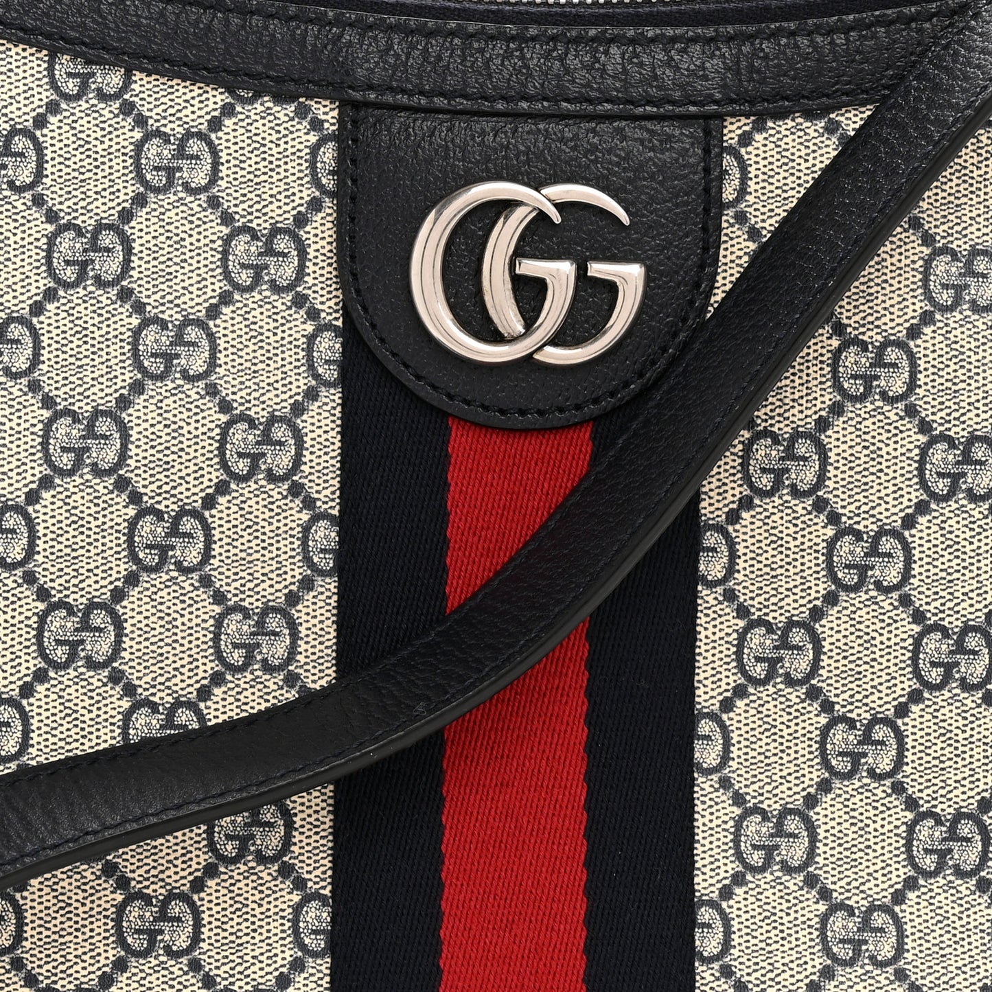 GG Supreme Monogram Textured Dollar Calfskin Web Small Ophidia Half Moon Hobo Beige Blue