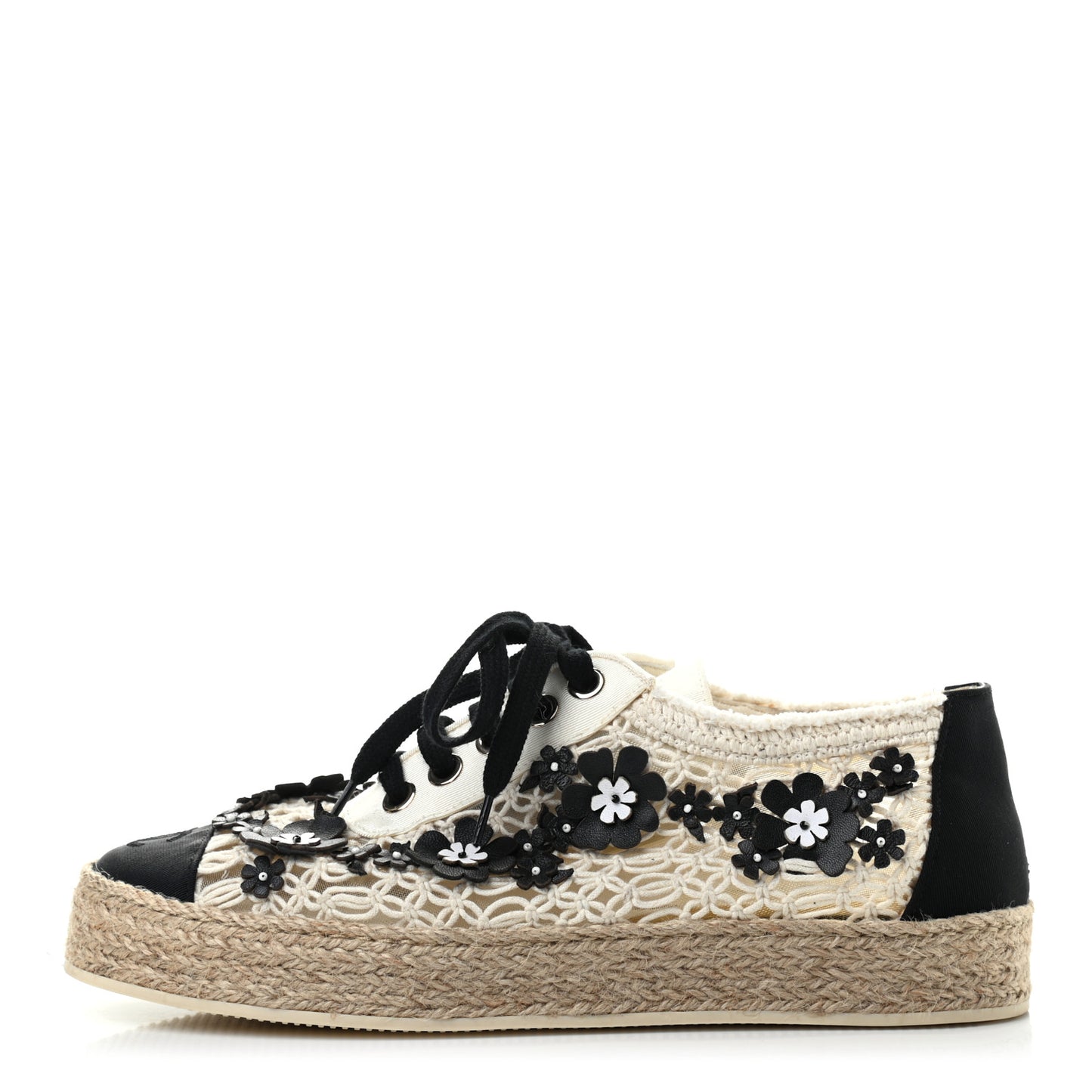 Cotton Grosgrain Broderie Lace Up Espadrilles 36 White Black