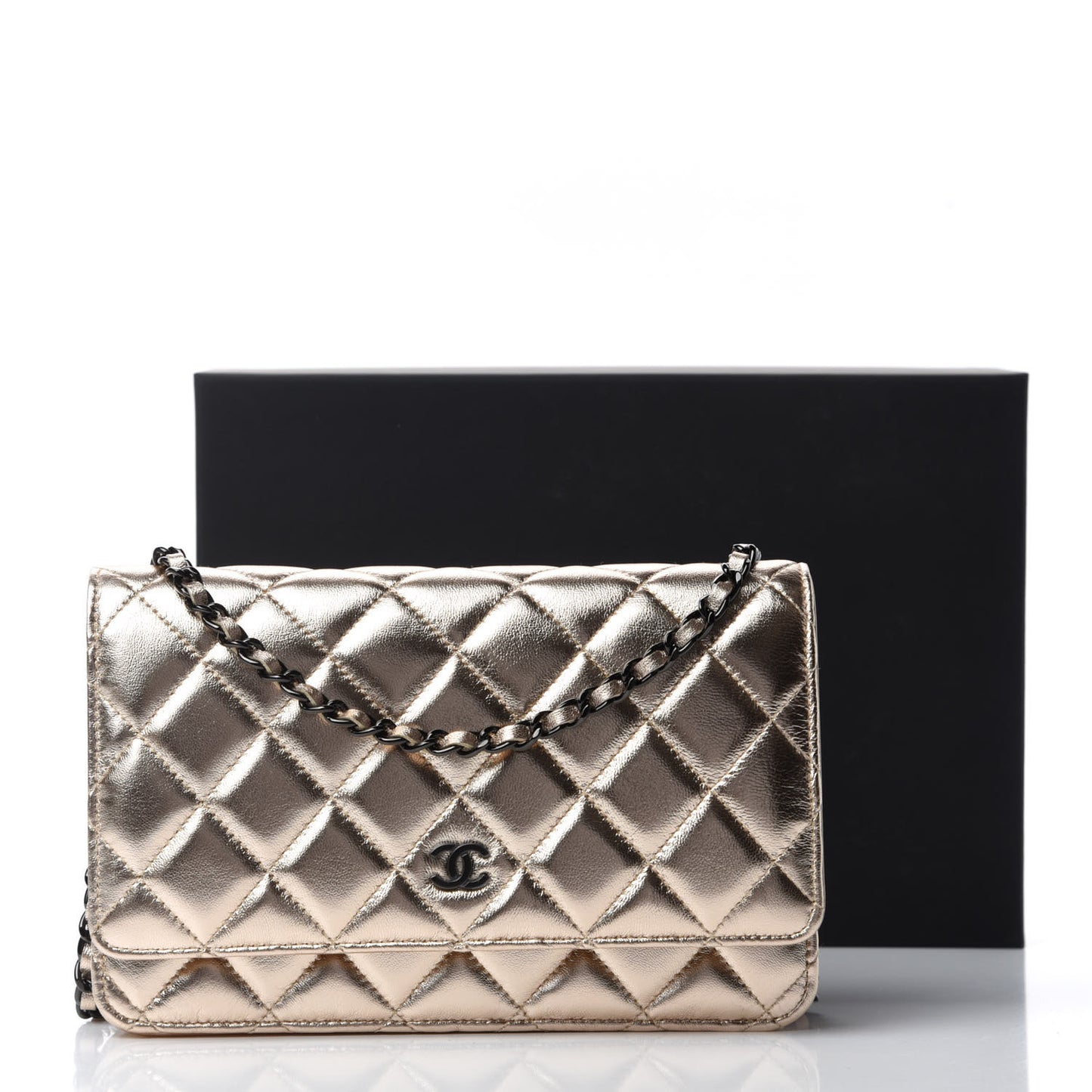 Metallic Lambskin Quilted Wallet On Chain WOC Gold Black