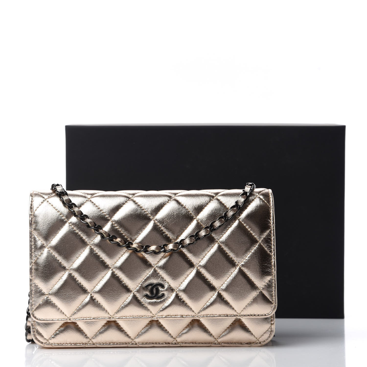 Chanel Metallic Lambskin Quilted Wallet On Chain WOC Gold Black 12 of 12