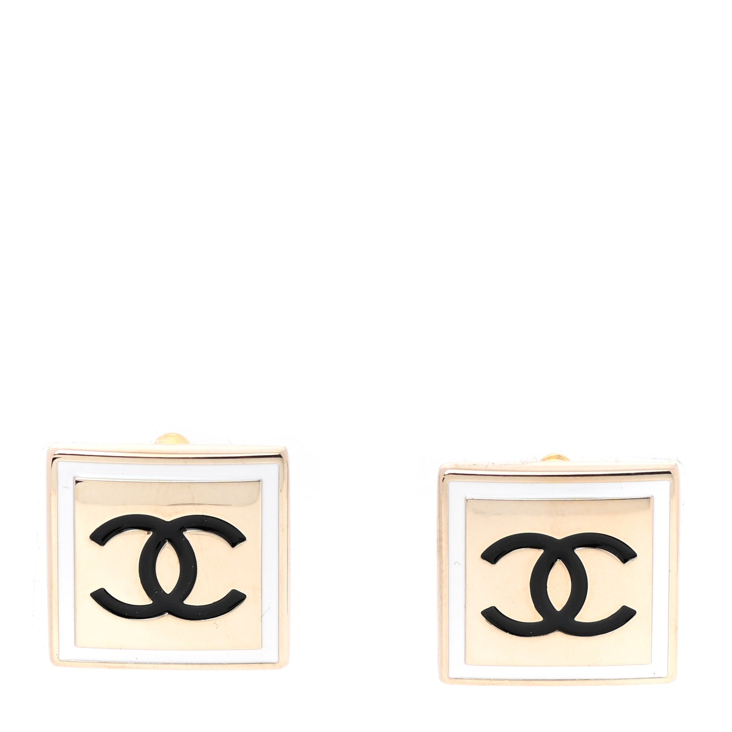 Metal Enamel CC Square Earrings Gold Black White