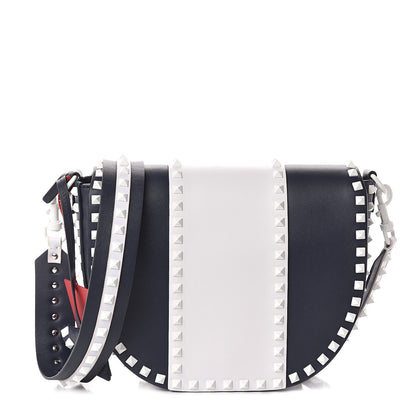 Valentino Garavani Vitello Colorblock Large Free Rockstud Halfmoon Saddle Bag Marine White 1 of 9