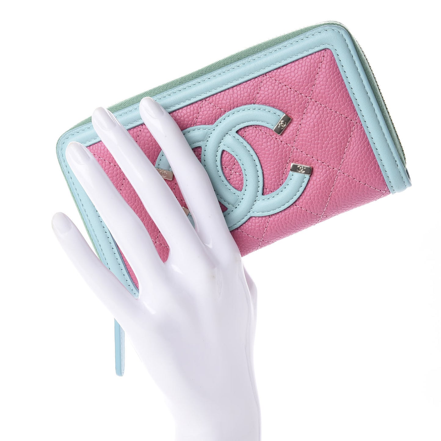 Caviar Quilted Medium Filigree Zip Around Wallet Pink Blue Green