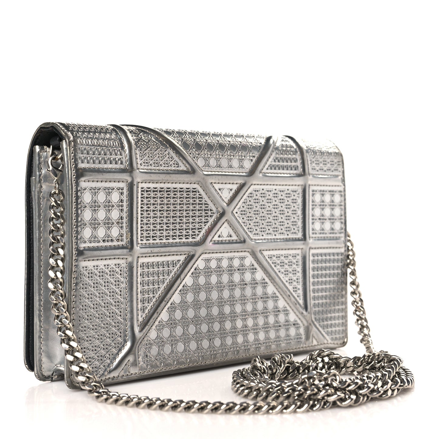 Metallic Patent Micro-Cannage Diorama Wallet on Chain Pouch Silver