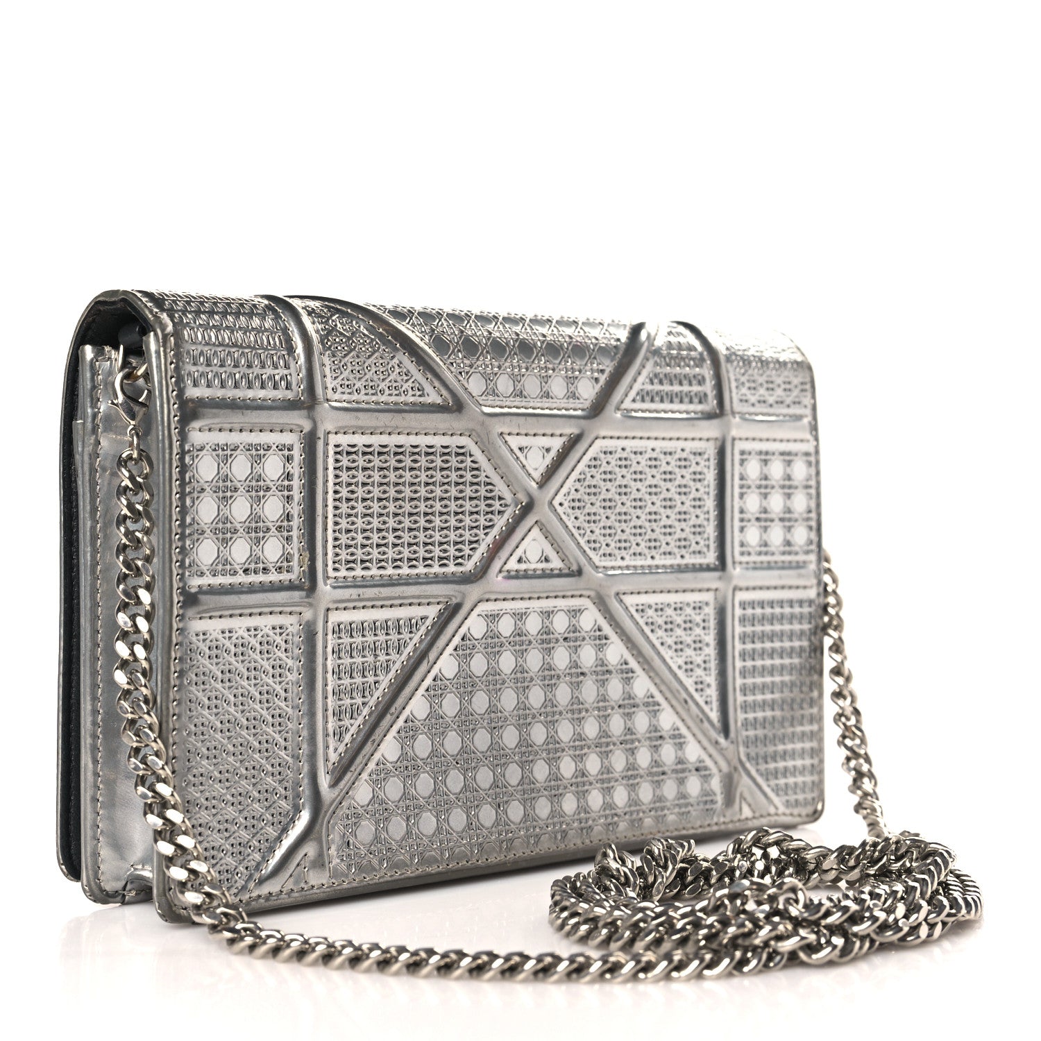 Christian Dior Metallic Patent Micro-Cannage Diorama Wallet on Chain Pouch Silver 3 of 11