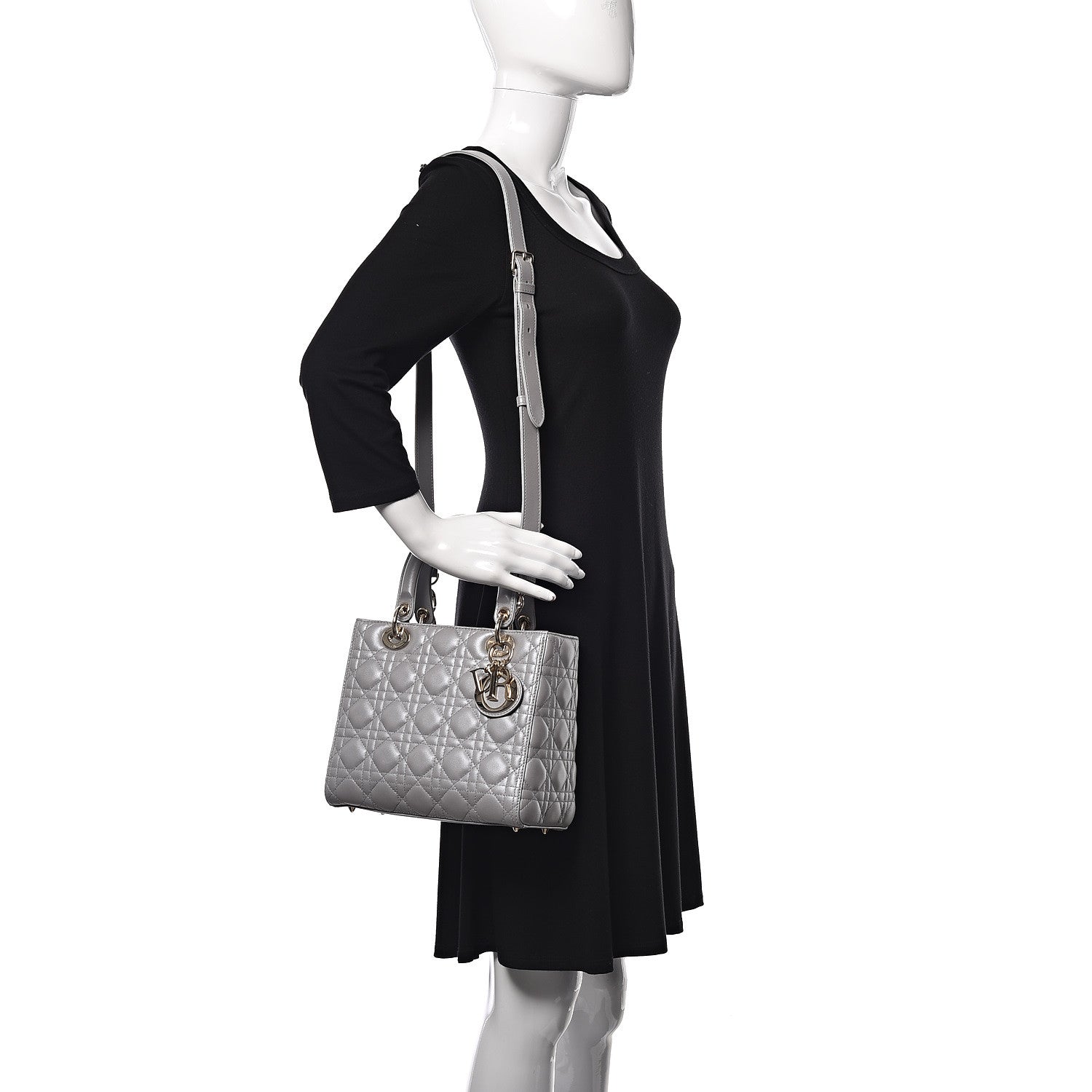 Christian Dior Pearly Lambskin Cannage Medium Lady Dior Grey 2 of 9