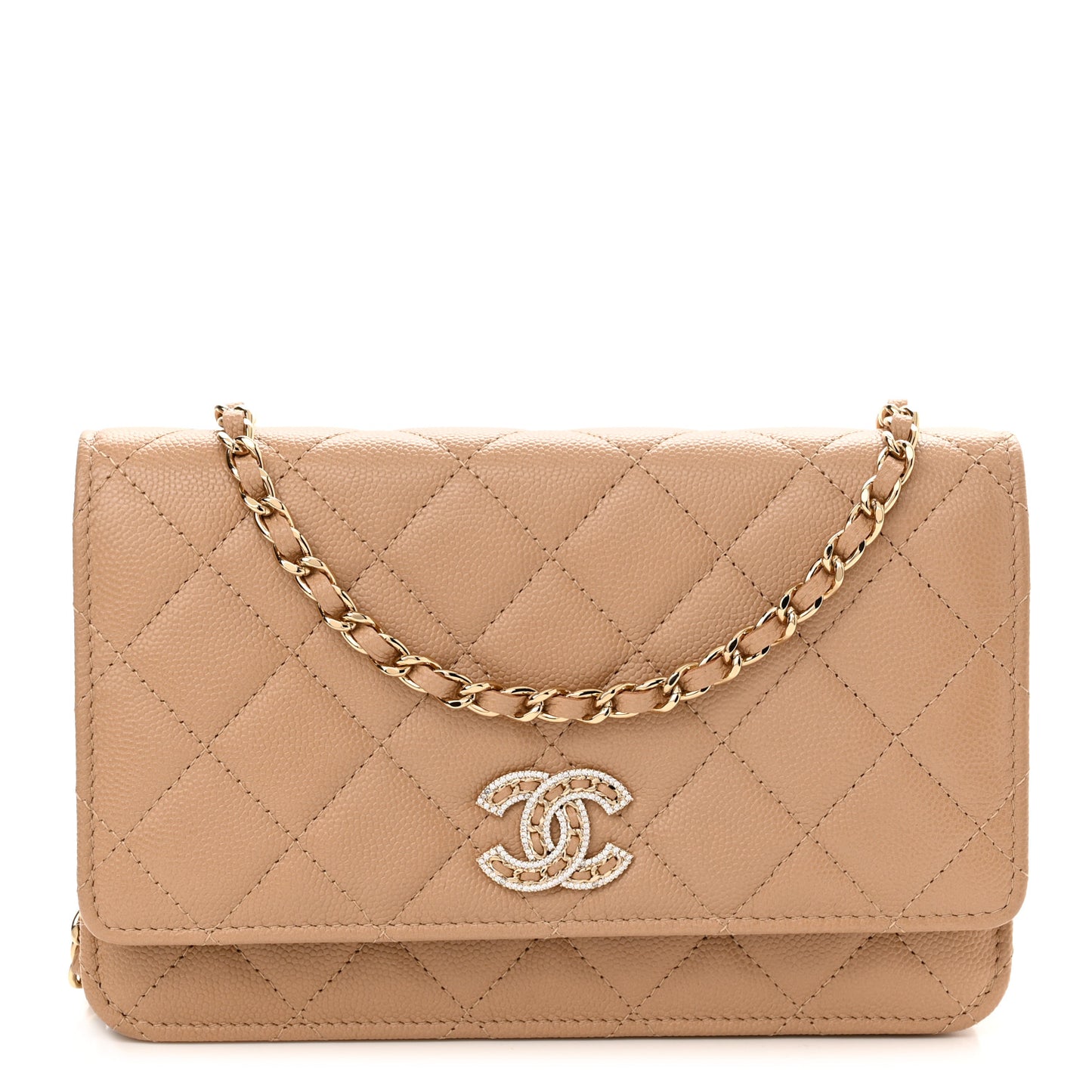 Caviar Quilted Crystal CC Wallet On Chain WOC Beige