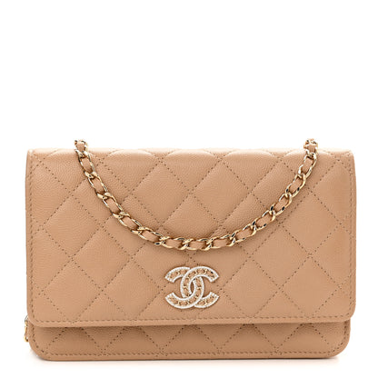 Chanel Caviar Quilted Crystal CC Wallet On Chain WOC Beige 1 of 11