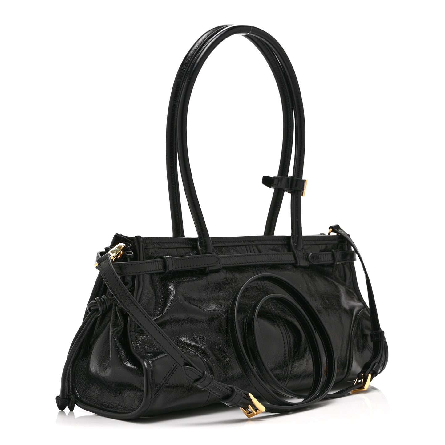 Glossy Calfskin Triangle Medium Bonnie Shoulder Bag Black