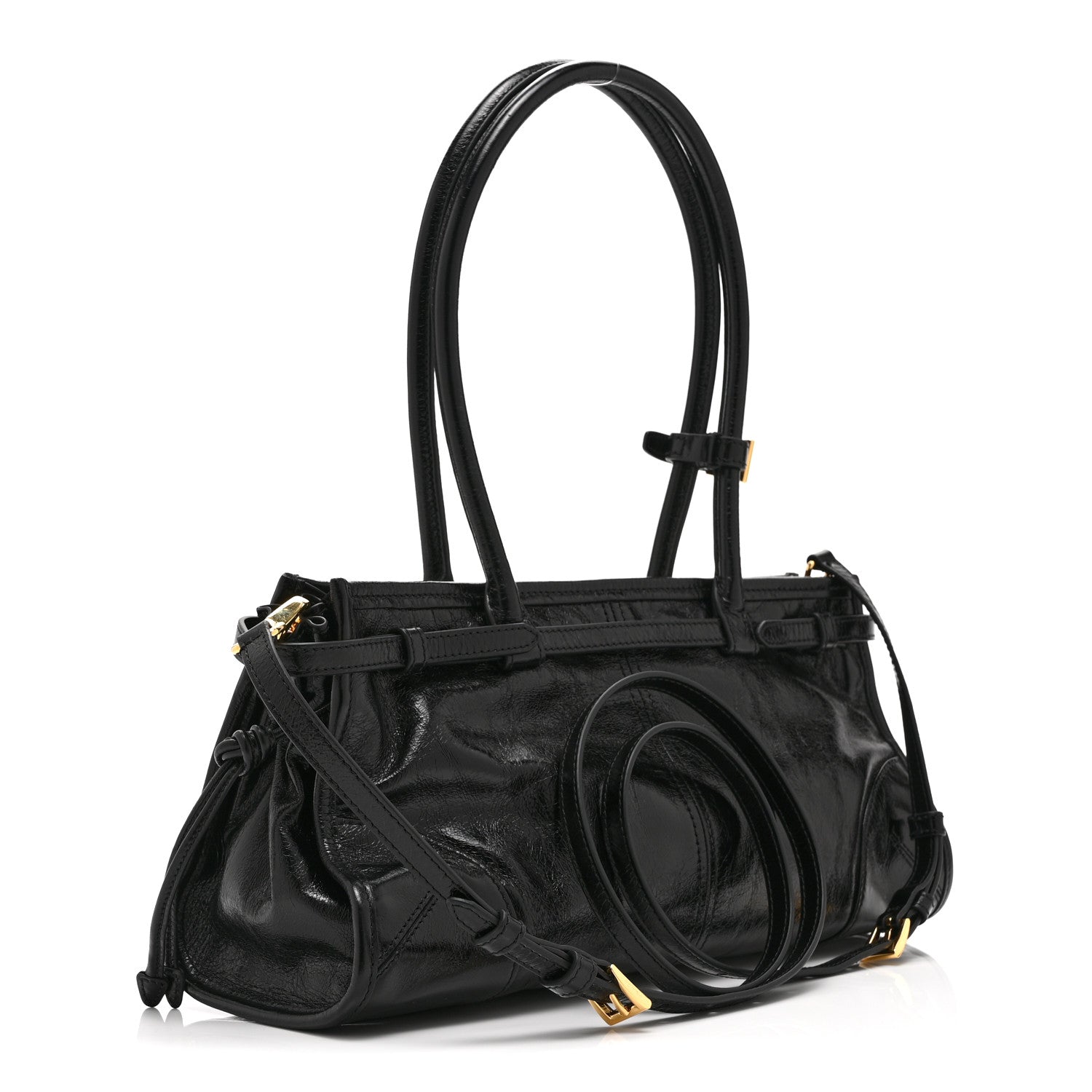 Prada Glossy Calfskin Triangle Medium Bonnie Shoulder Bag Black 3 of 10