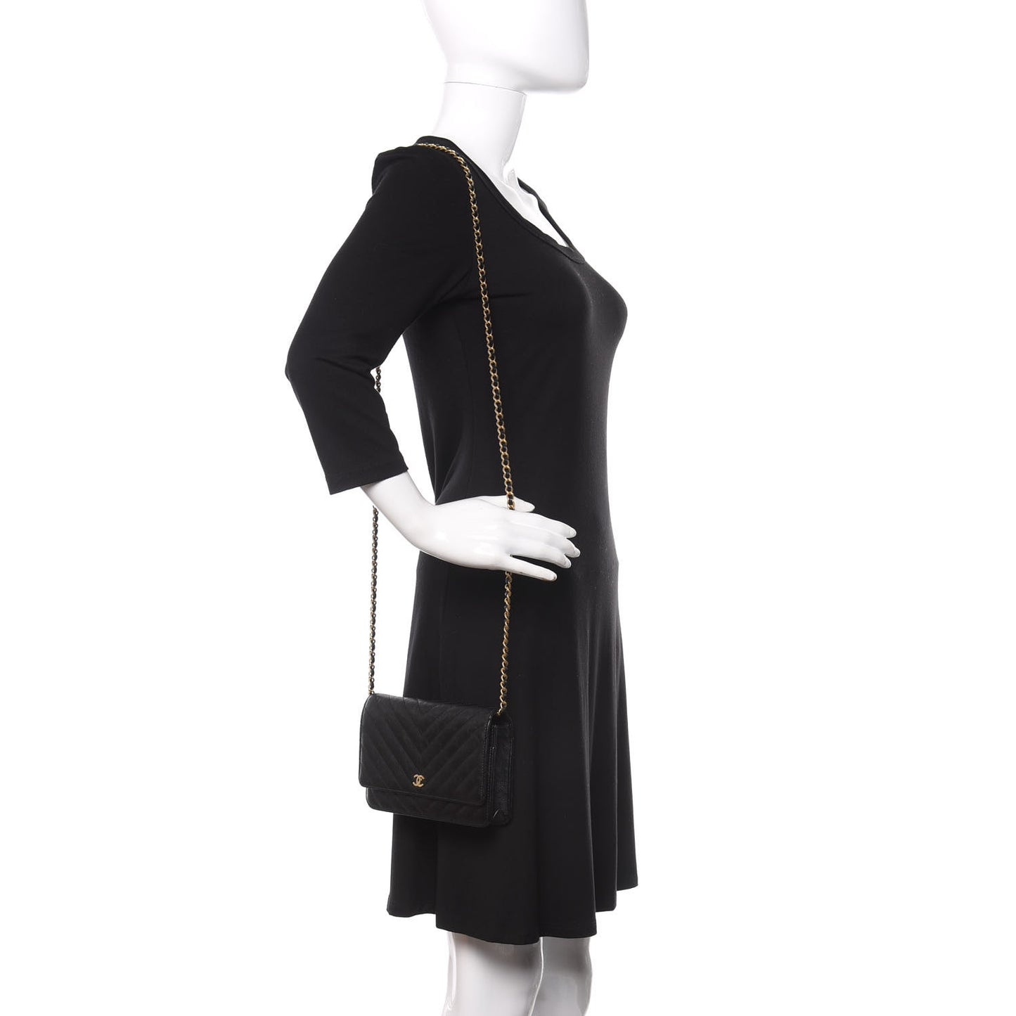 Crumpled Calfskin Chevron Quilted Wallet On Chain WOC Black