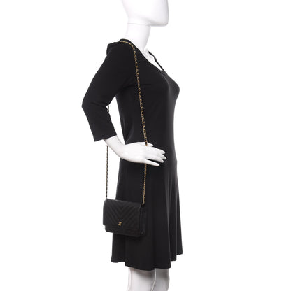 Chanel Crumpled Calfskin Chevron Quilted Wallet On Chain WOC Black 2 of 13