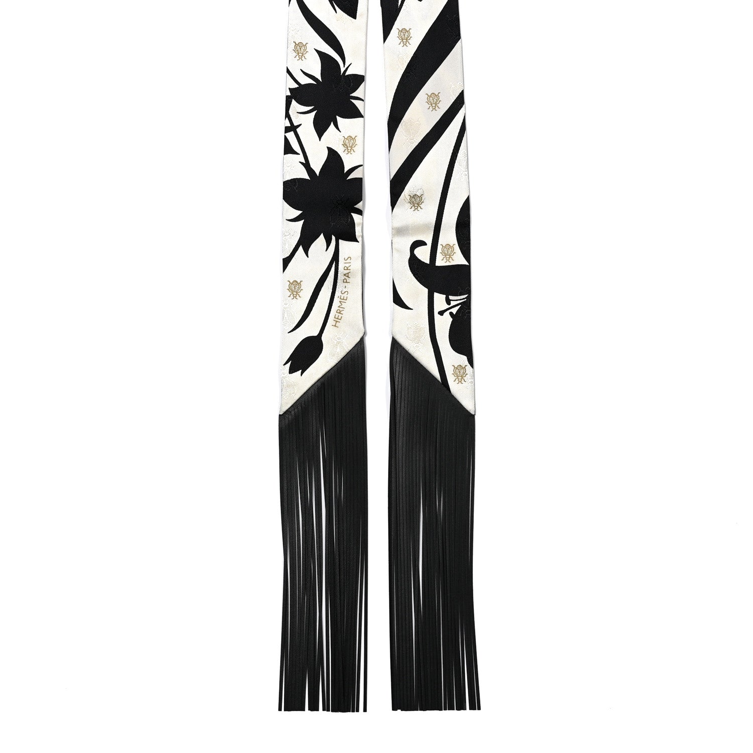 Hermes Silk Calfskin Bouquet Final Fringed Twilly Creme Black 2 of 4