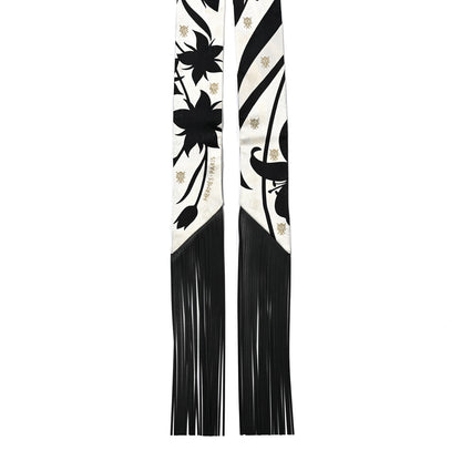 Hermes Silk Calfskin Bouquet Final Fringed Twilly Creme Black 2 of 4