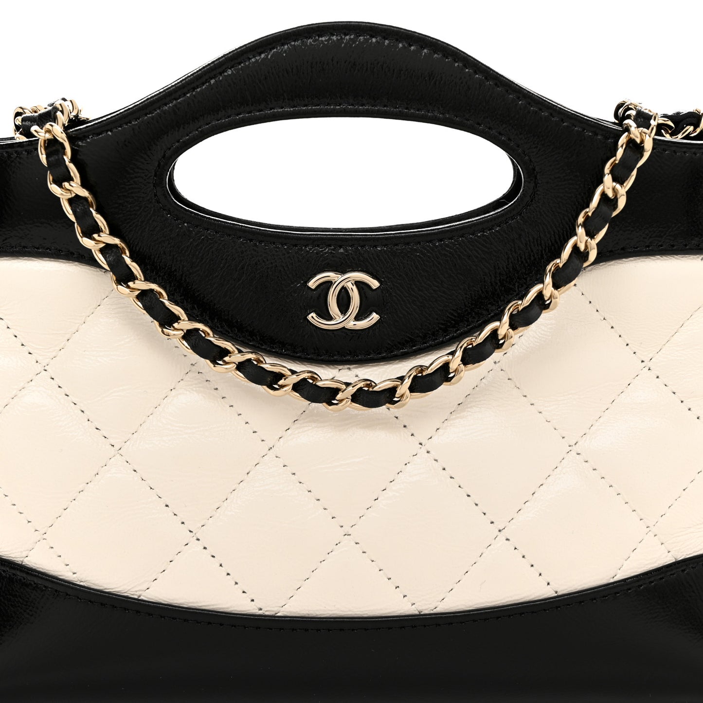 Shiny Crumpled Calfskin Quilted Nano 31 Shopping Bag White Black