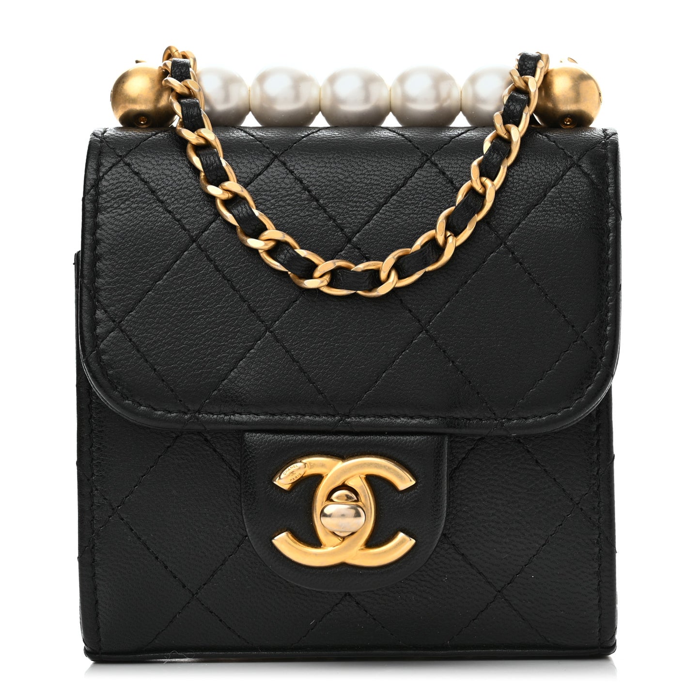 Goatskin Chic Pearls Clutch On Chain Black