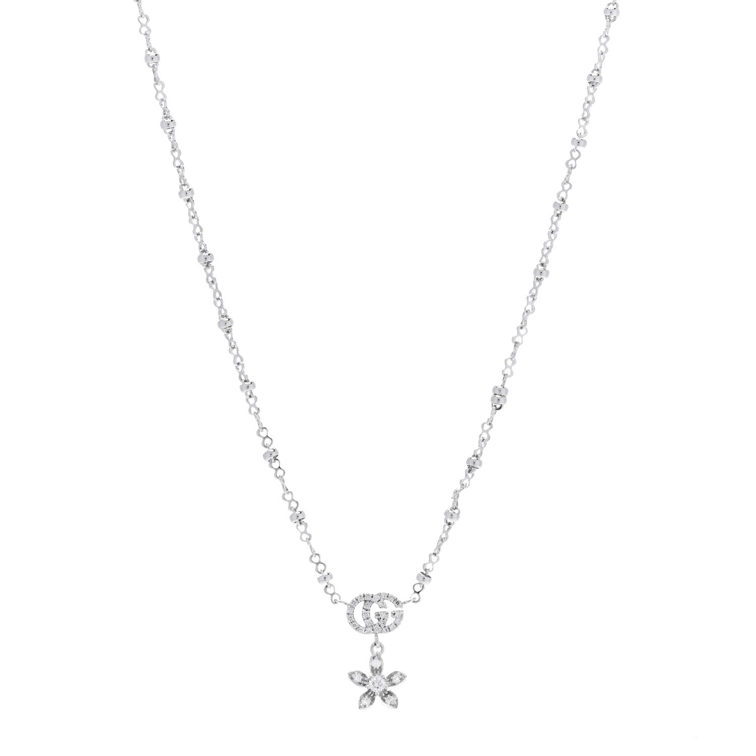 Gucci 18K White Gold Diamond GG Flora Pendant Necklace 1 of 6