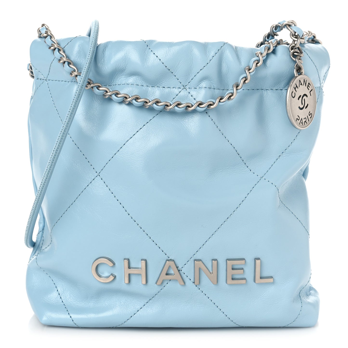 Shiny Calfskin Quilted Mini Chanel 22 Light Blue