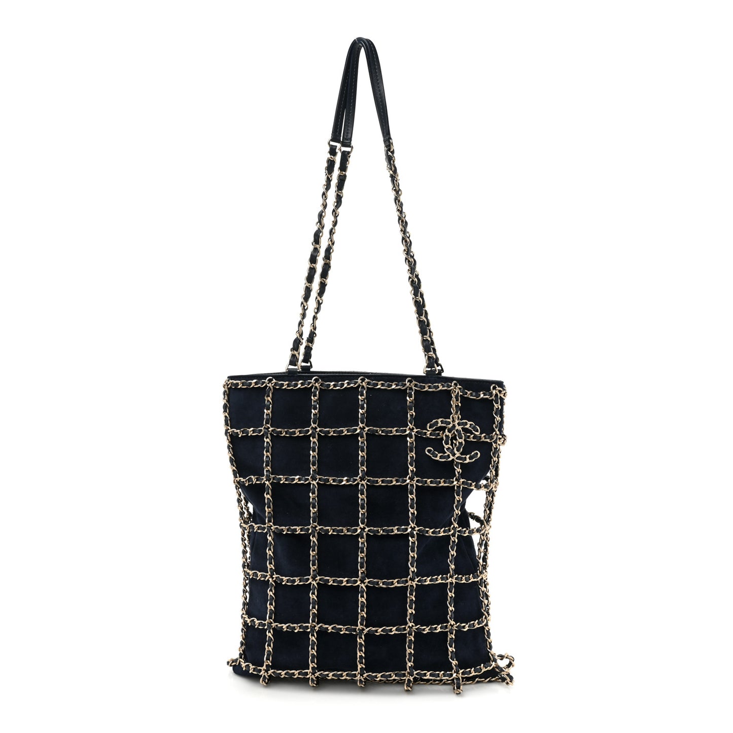 Suede Goatskin Large Shopping Chain Tote Navy Blue