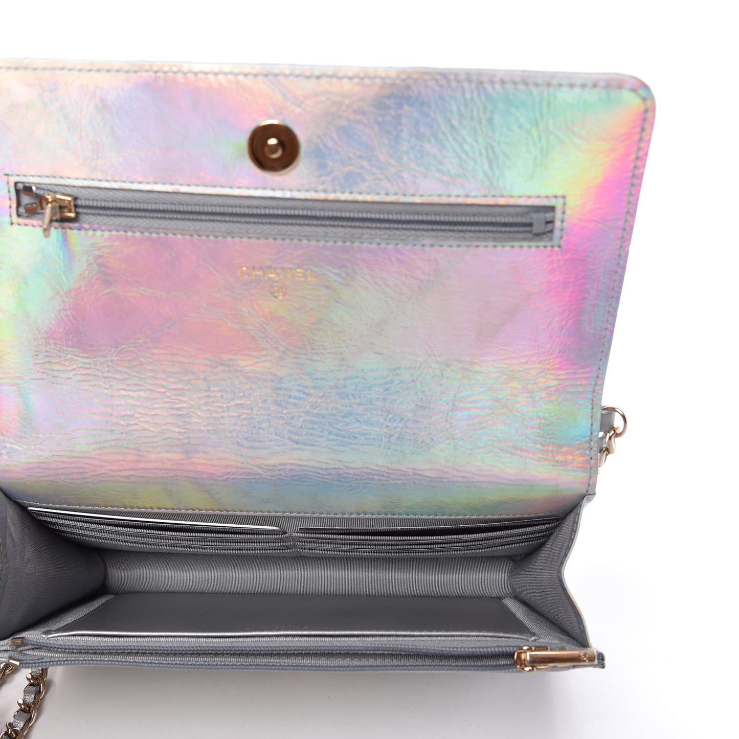 Iridescent Goatskin Quilted Wallet On Chain WOC Silver