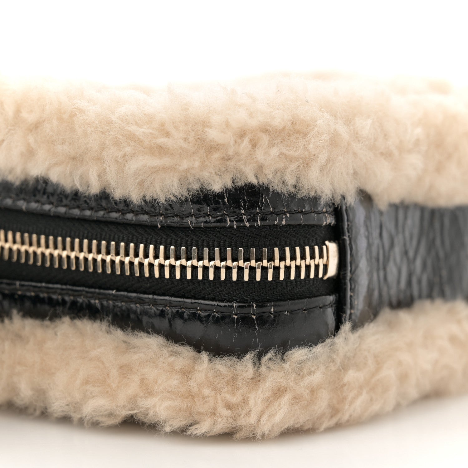 Chanel Shiny Crumpled Sheepskin Shearling Waist Bag Black Beige 9 of 12