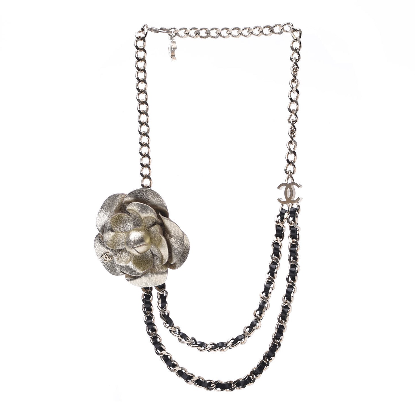 Glazed Calfskin CC Camellia Chain Necklace Gold Black