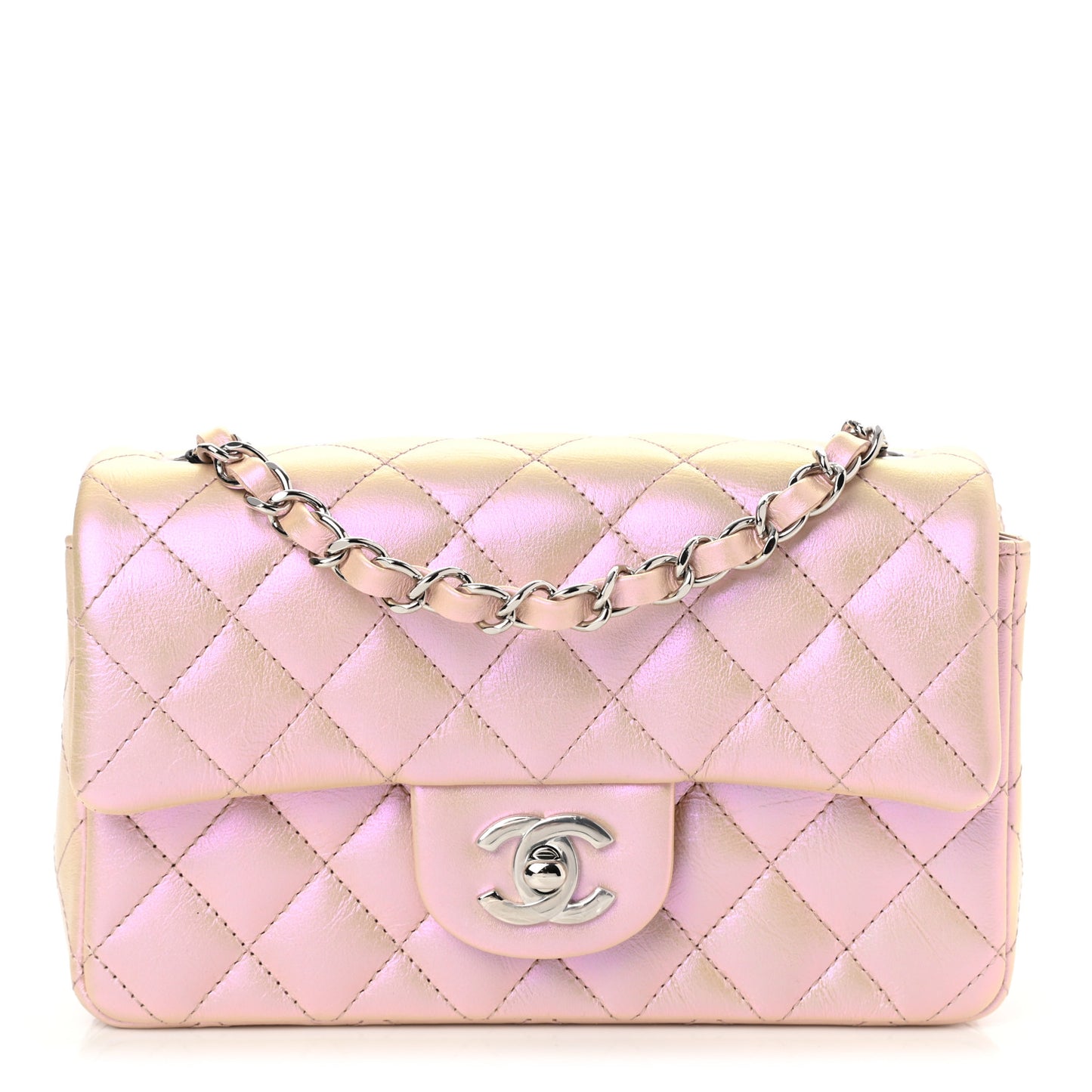 Iridescent Calfskin Quilted Mini Rectangular Flap Pink